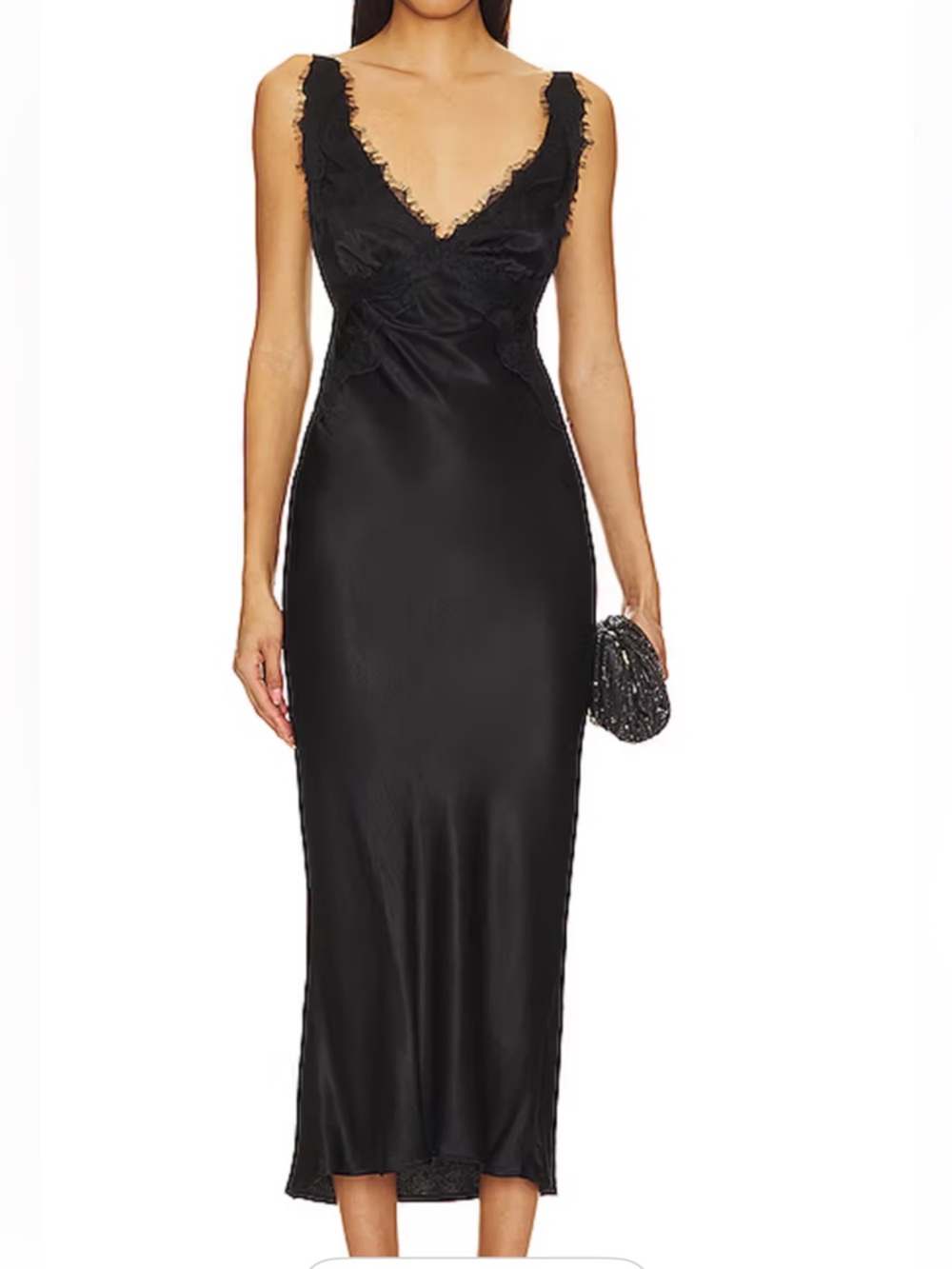 Sndys Gina Black Lace Trim Satin Maxi Dress Women’s Sz L